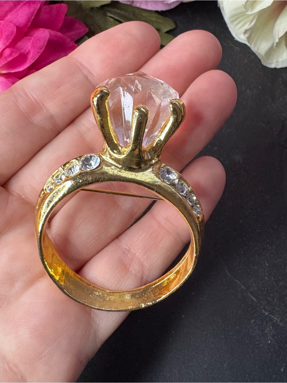 Gold-Tone Giant oversized Faux Diamond Crystal Ring Brooch Pin -Clear Gem Accent